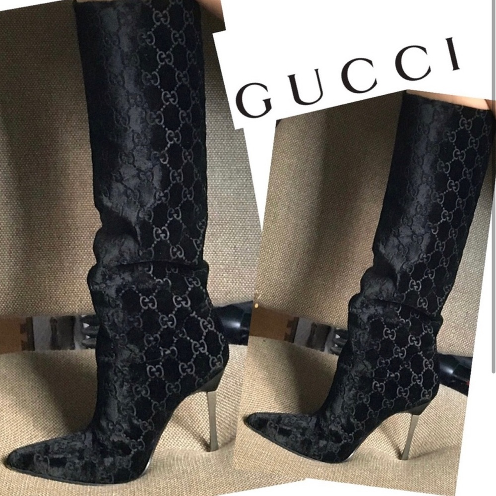 Vintage Gucci Velvet Monogram Knee High Boots